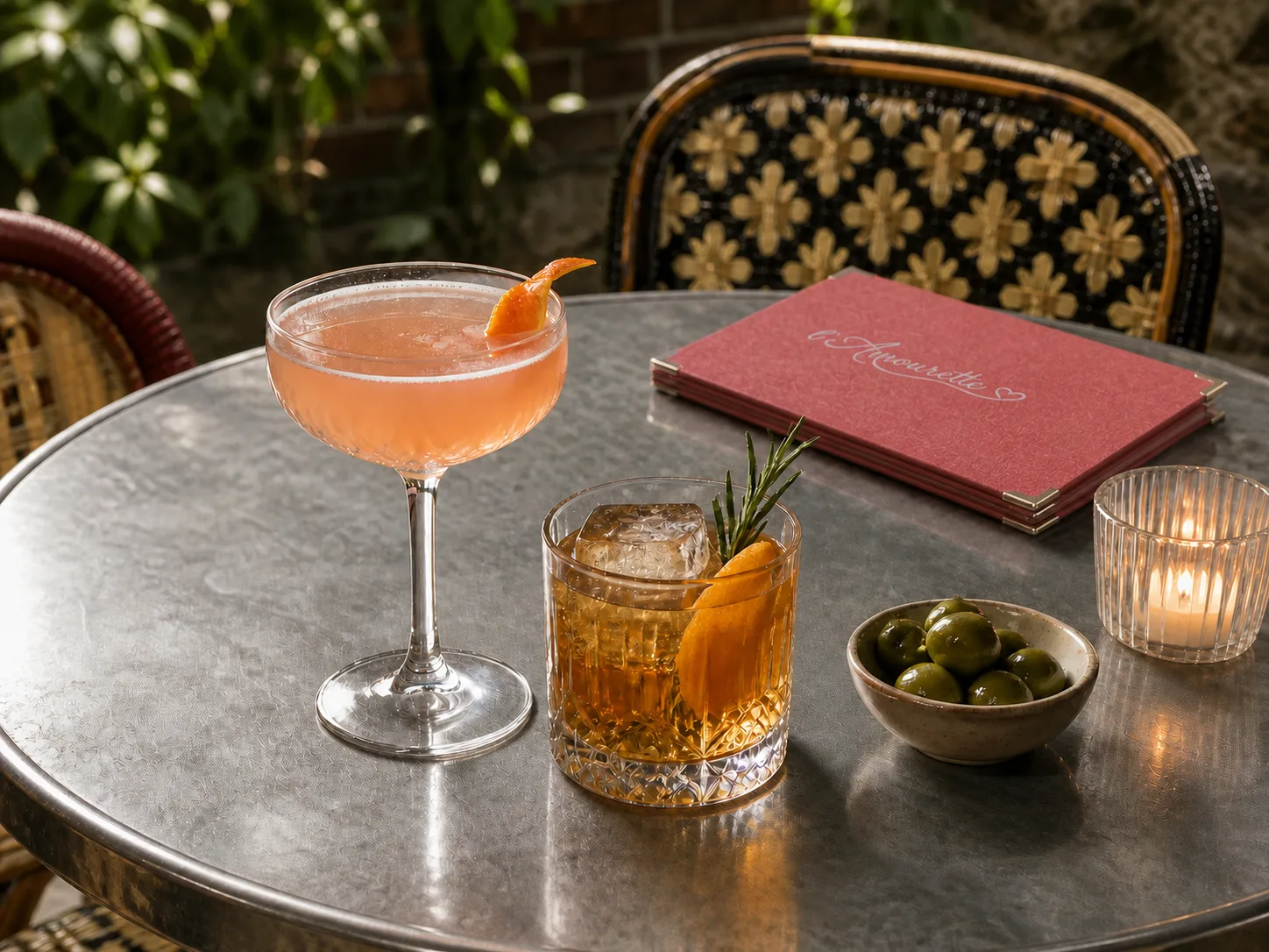 Deux cocktails signature servis sur une table de L’Amourette