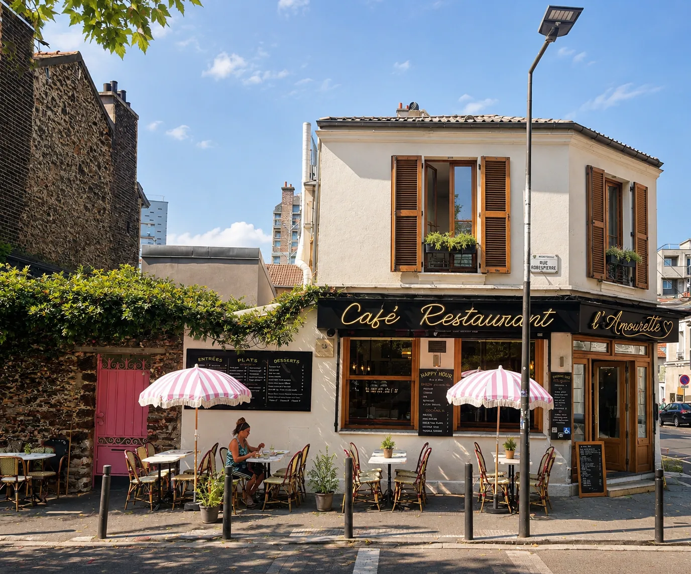 Façade de L’Amourette et sa terrasse, rue Robespierre à Montreuil